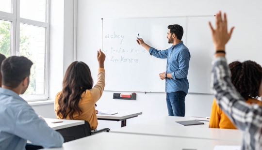 Estudiantes en una sala de clase alzando la mano.